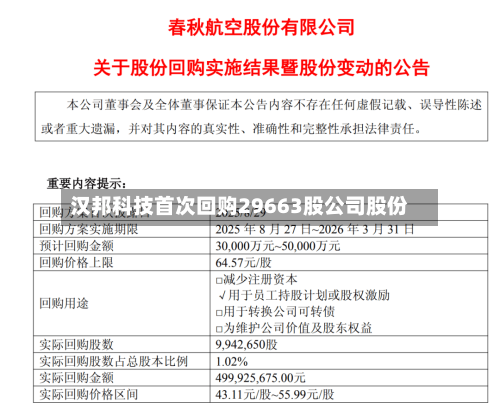 汉邦科技首次回购29663股公司股份